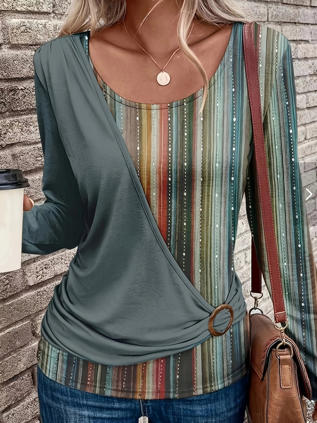 Damen Lagenlook Wickel‑Shirt mit asymmetrischer Drapierung und gestreiftem Unterteil Shop Nory