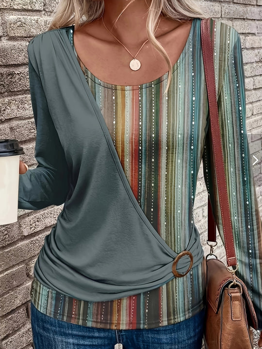 Damen Lagenlook Wickel‑Shirt mit asymmetrischer Drapierung und gestreiftem Unterteil Shop Nory