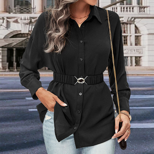 Damen Hemdblusenshirt mit elastischem Taillenband und Schmuckschließe Shop Nory