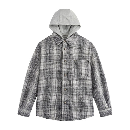 Herren Kapuzen-Overshirt im Wollmix mit Karomuster und aufgesetzter Brusttasche Shop Nory