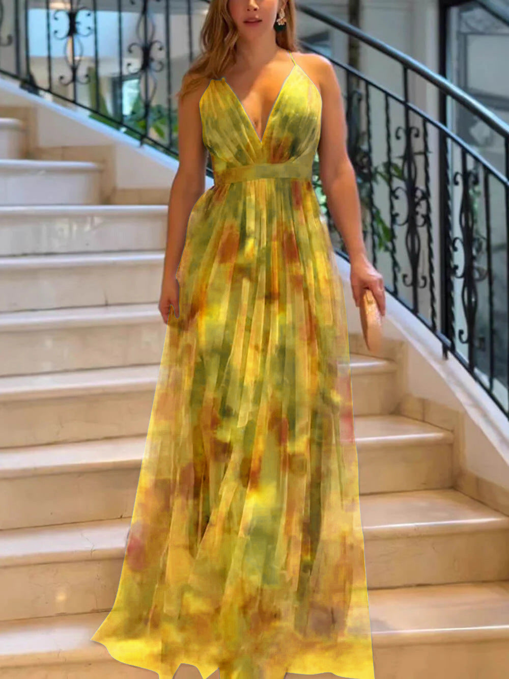 Damen Maxikleid mit tiefem V-Ausschnitt und fließendem Chiffon Shopnory