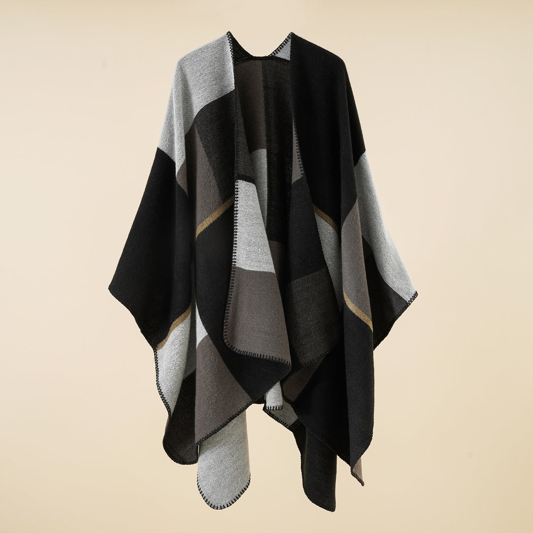 Damen Weicher Wollmix-Poncho mit geometrischem Jacquard und offenem Wasserfall-Schnitt Shop Nory