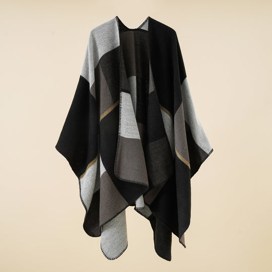 Damen Weicher Wollmix-Poncho mit geometrischem Jacquard und offenem Wasserfall-Schnitt Shop Nory