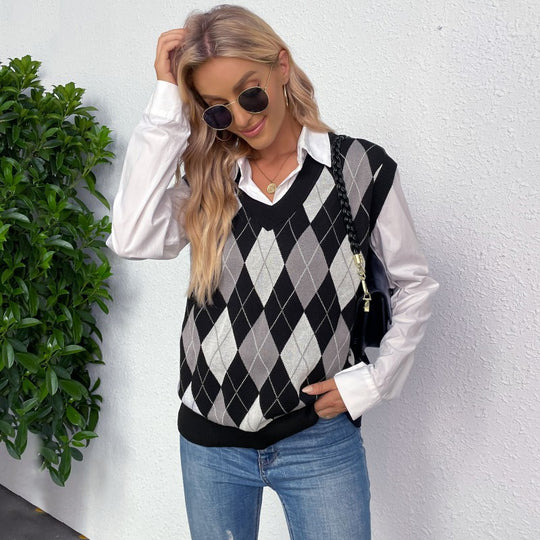 Damen Argyle-Strickweste mit V-Ausschnitt und lässiger Oversize-Passform Shop Nory