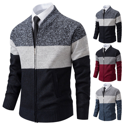 Herren Strukturierte Blockstreifen‑Strickjacke mit Frontzip, Stehkragen und Eingrifftaschen Shop Nory