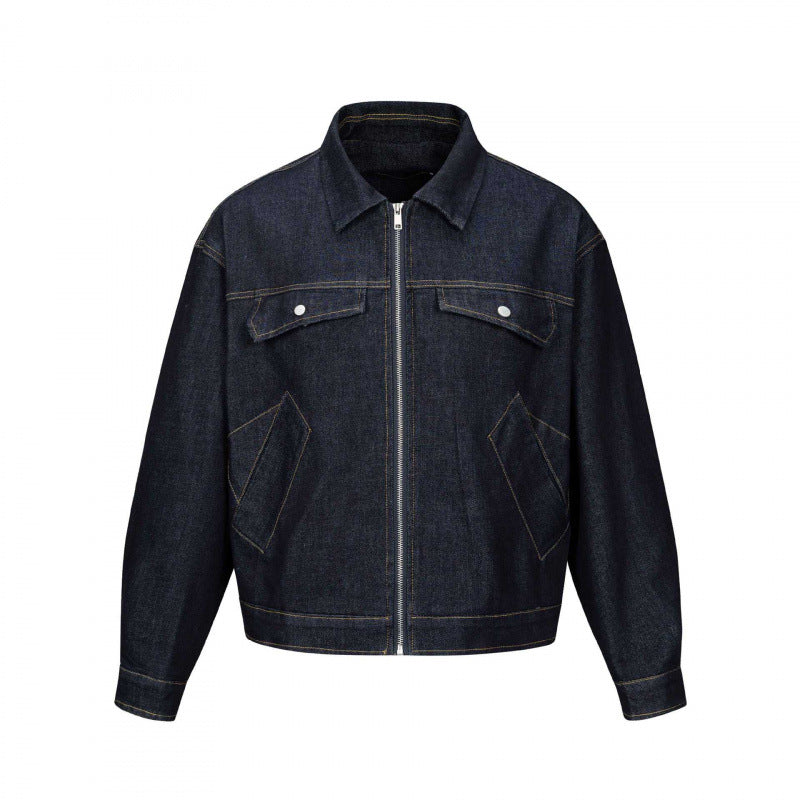 Unisex Kurz geschnittene kastige Denim-Zipjacke im Worker‑Look mit schrägen Eingrifftaschen Shop Nory