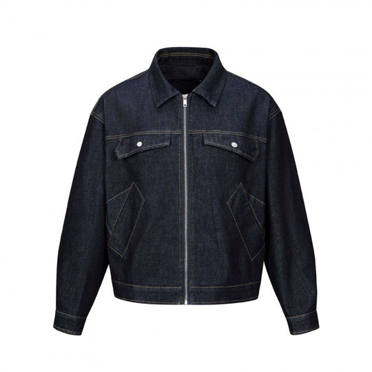 Unisex Kurz geschnittene kastige Denim-Zipjacke im Worker‑Look mit schrägen Eingrifftaschen Shop Nory