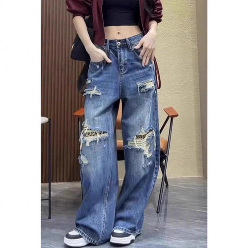 Damen Baggy-Jeans mit modischen Rissdetails und hohem Taillenbund Shopnory
