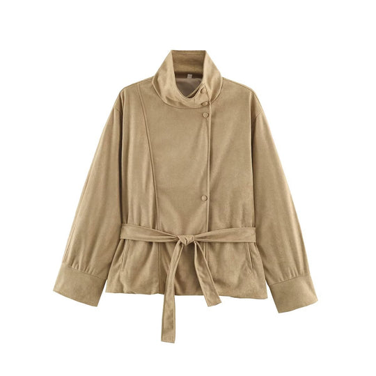 Damen Boxy-Wickeljacke in Veloursoptik mit hohem Stehkragen und Bindegürtel Shop Nory