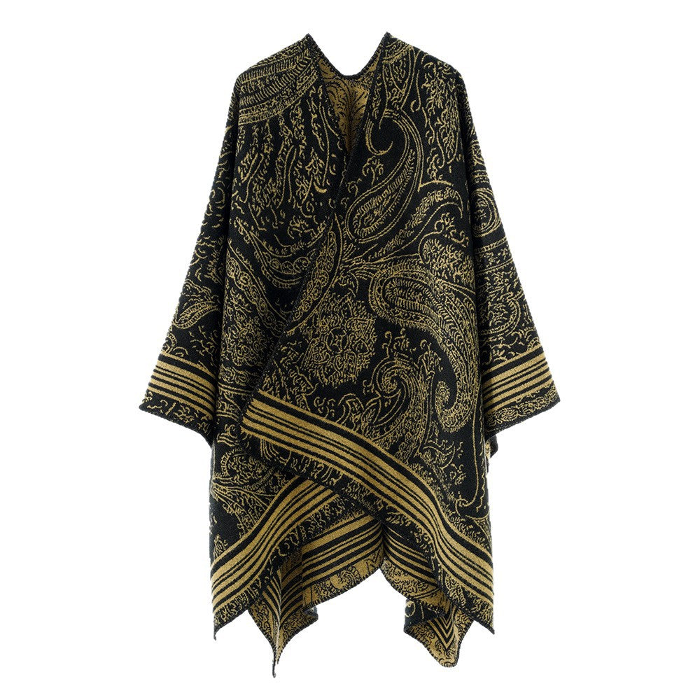 Damen Jacquard-Poncho im Ruana-Schnitt mit Paisley-Muster und breiter Bordüre Shop Nory