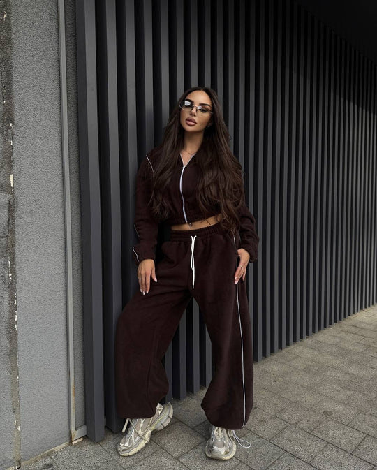 Damen Gekürztes Zip-Fleece-Set mit tailliertem Kordelbund und weitem Hosenbein Shop Nory
