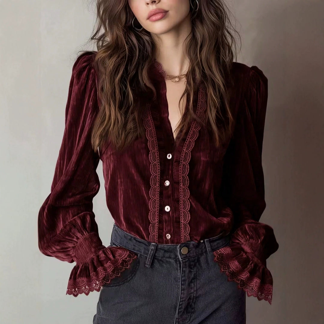 Damen Plissée-Veloursbluse mit Spitzenrüschen und Puffärmeln Shop Nory
