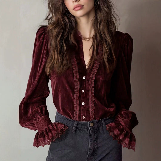 Damen Plissée-Veloursbluse mit Spitzenrüschen und Puffärmeln Shop Nory