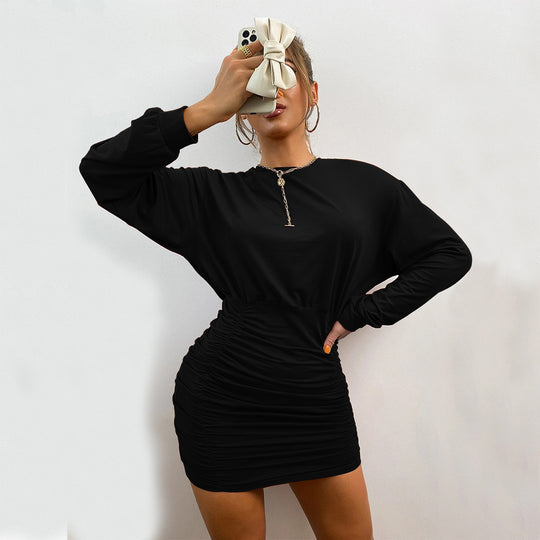 Damen gesmoktes Mini-Kleid mit überschnittener Langarm-Sweatoberteil und taillierter Raffung Shop Nory