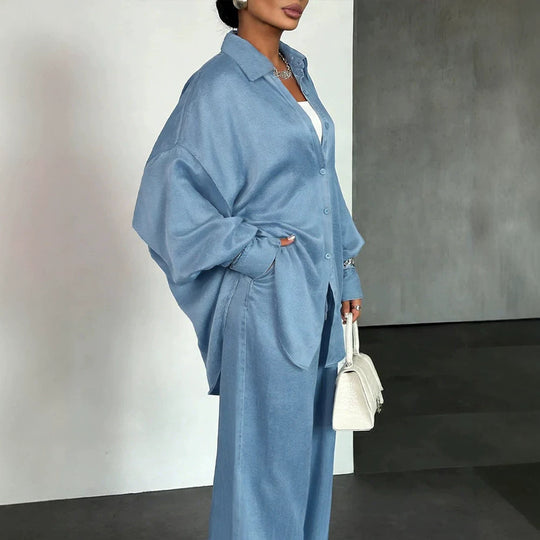 Damen Zweiteiliges Oversize-Hemd- und Palazzo-Set im fließenden Denim-Look Shop Nory