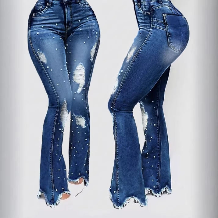 Damen Hochtaillierte Schlagjeans mit Perlenapplikation, Destroyed-Effekten und fransigem Saum Shop Nory