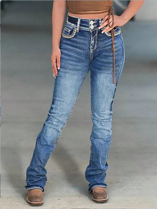 Damen Hochtaillierte Slim‑Straight Jeans mit V‑förmigem Bund und Superstretch-Denim Shop Nory