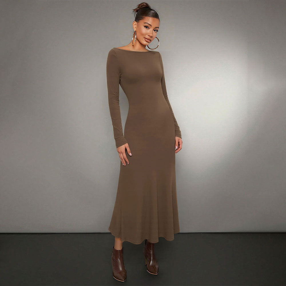 Damen figurbetontes Maxikleid mit U-Boot-Ausschnitt langem Ärmel und schmeichelndem Trompetensaum Shop Nory