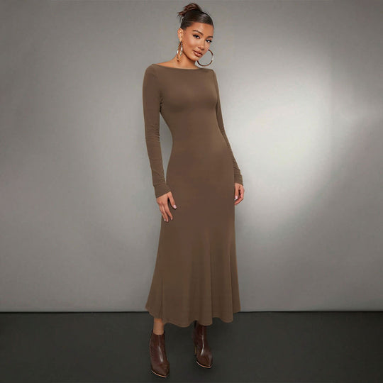 Damen figurbetontes Maxikleid mit U-Boot-Ausschnitt langem Ärmel und schmeichelndem Trompetensaum Shop Nory