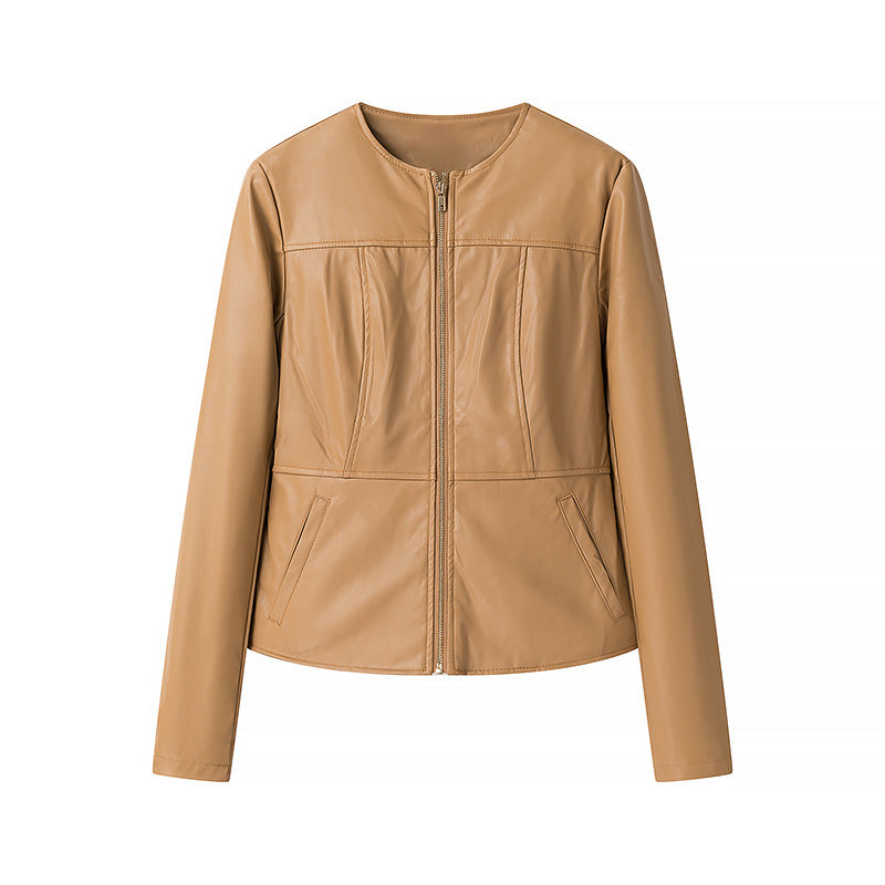 Damen Lederjacke ohne Kragen mit taillierter Passform und durchgehendem Reißverschluss Shop Nory