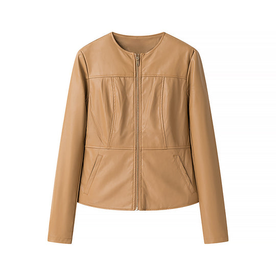 Damen Lederjacke ohne Kragen mit taillierter Passform und durchgehendem Reißverschluss Shop Nory