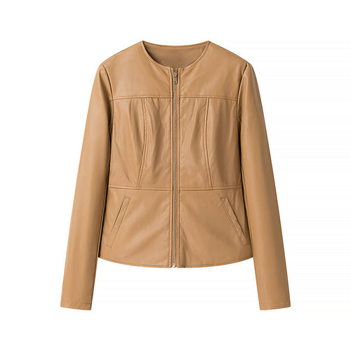 Damen Lederjacke ohne Kragen mit taillierter Passform und durchgehendem Reißverschluss Shop Nory