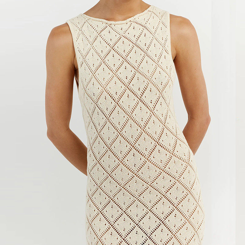 Damen Häkelkleid mit kreativem Rautenmuster und ärmellosem Schnitt