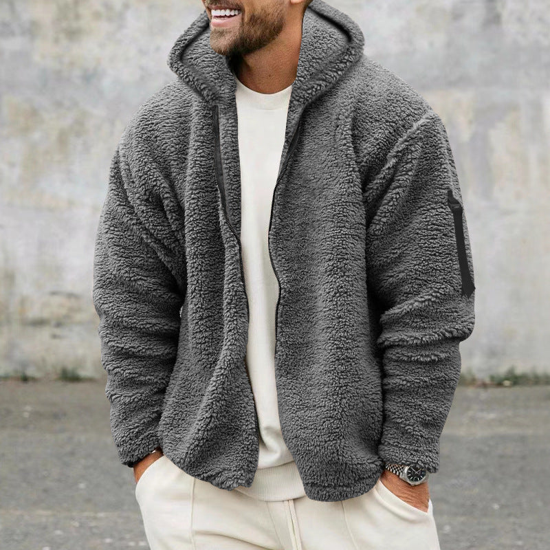 Herren nan Sherpa-Fleece Kapuzenjacke mit durchgehendem Reißverschluss und Ärmel-Tasche