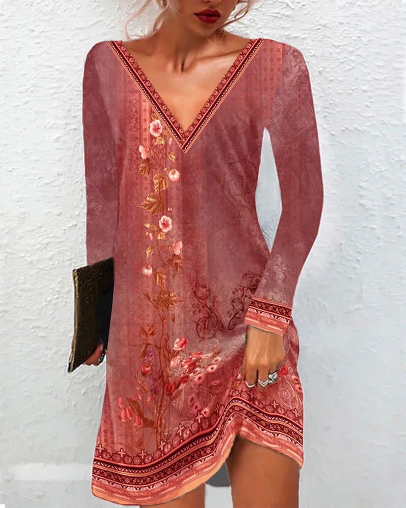 Frauen Floral V-Ausschnitt Tunika Kleid mit Border Print und langen Ärmeln Shop Nory