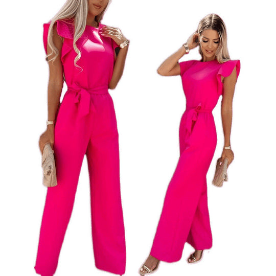 Frauen Fließender Weitbeiniger Jumpsuit mit Rüsche Ärmel