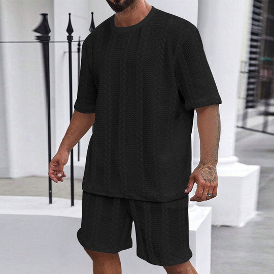 Herren nan entspanntes Zopfstrick-Freizeitset mit weitem Kurzarmshirt und elastischer Bermuda