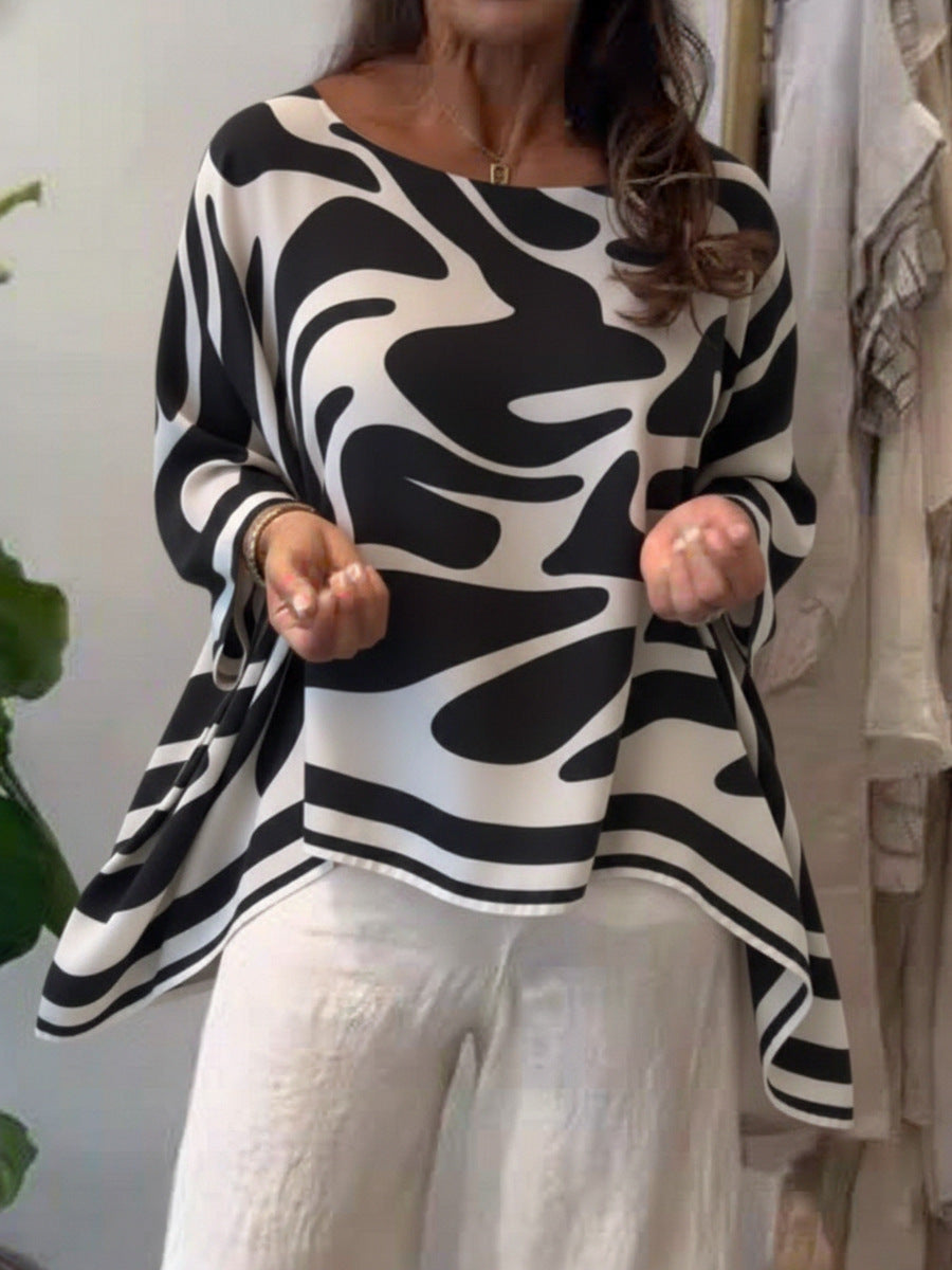 Damen Oversize Sommerbluse mit abstraktem Print, Fledermausärmeln und asymmetrischem Saum Shop Nory