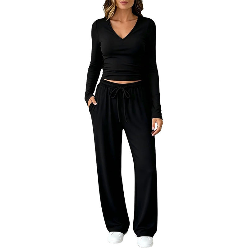 Damen Zweiteiliges Lounge-Set mit tailliertem V-Ausschnitt Crop-Top und weiten Tunnelzug-Hosen Shop Nory