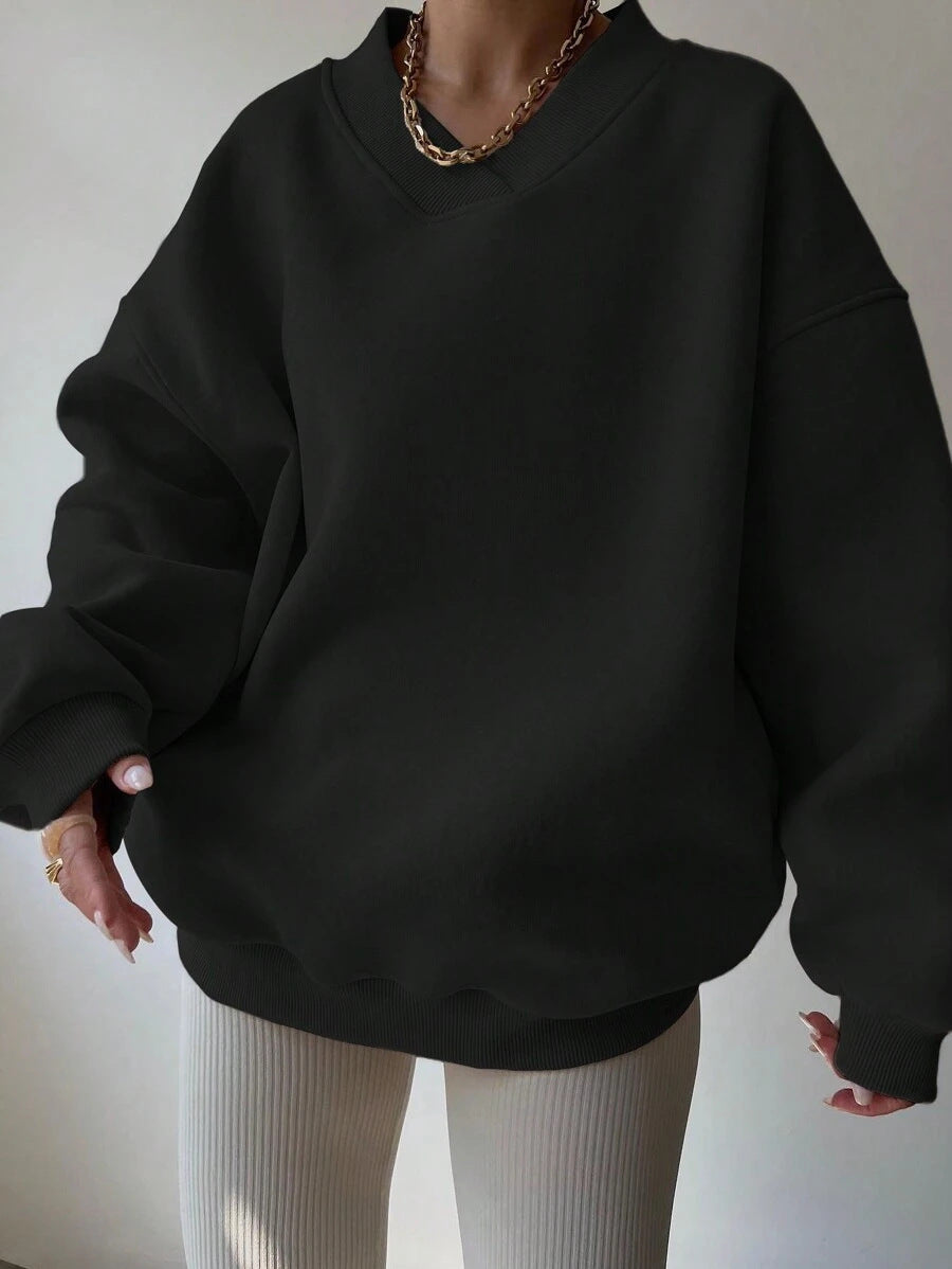 Damen Oversized V-Ausschnitt Sweatshirt mit verstärktem Rippkragen und extraweitem Cut Shop Nory