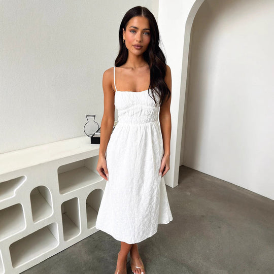 Damen Sommerliches Midi-Kleid mit verstellbaren Spaghettiträgern und Raffung Shopnory