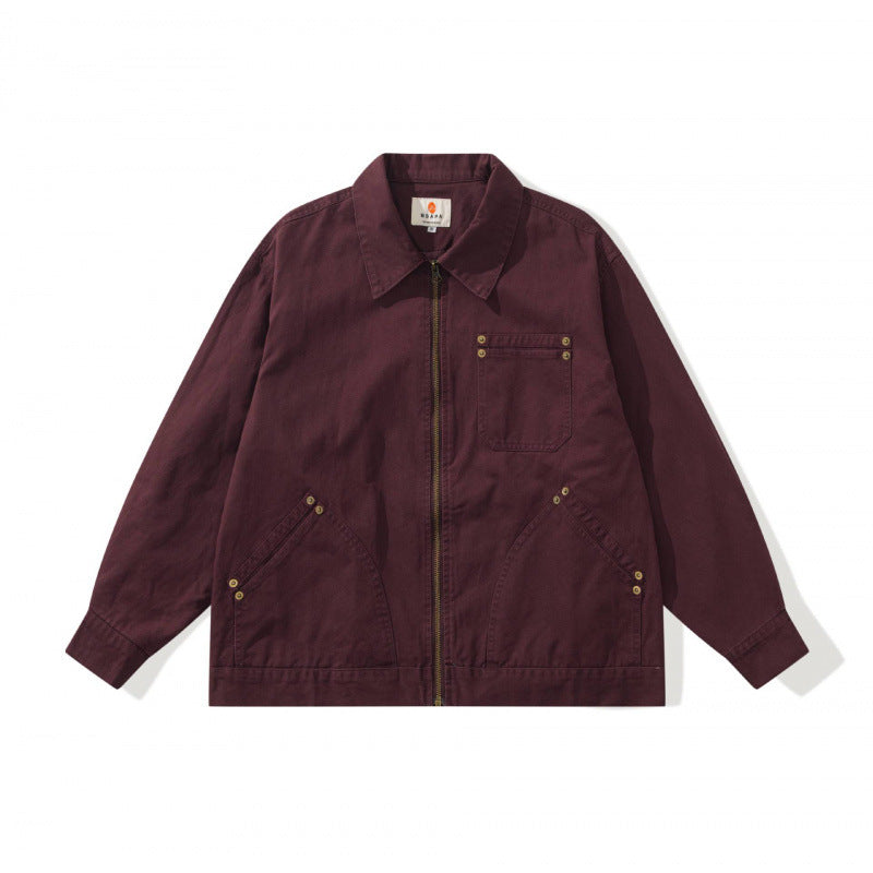 Unisex Kastenförmige Canvas-Worker-Jacke mit Frontreißverschluss und Nietapplikationen Shop Nory