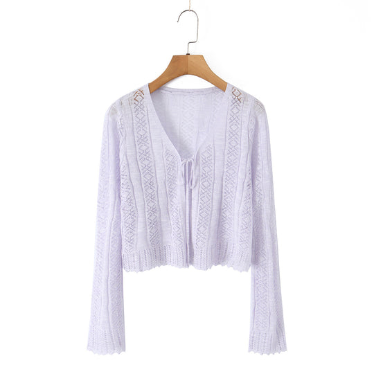 Damen Leichter gehäkelter Kurzcardigan mit V‑Ausschnitt, Bindeband und Ajourmuster Shop Nory