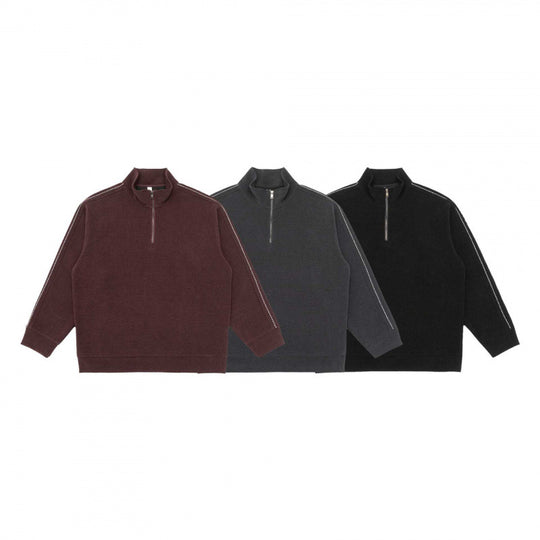 Unisex Kurz geschnittener Struktur-Strick-Halbzippullover mit markanter Kontrastnaht Shop Nory