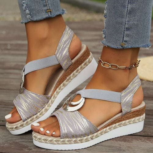 Damen Keilsandaletten Espadrille mit Bastsohle, elastischem Fersenriemen und Schmuckring Shop Nory