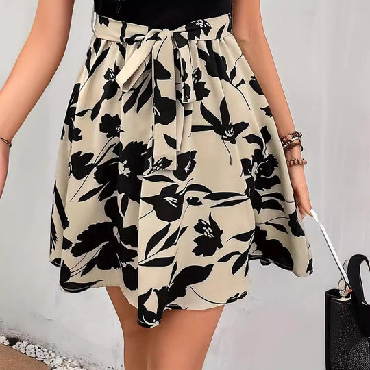 Damen A-Linien Rock mit floralem Design und dekorativem Bindegürtel
