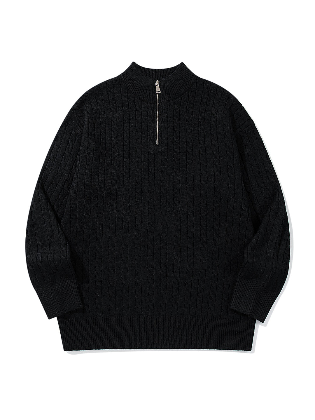 Unisex Zopfmuster-Halbzip-Strickpullover mit hohem Rippkragen und längerem Saum Shop Nory