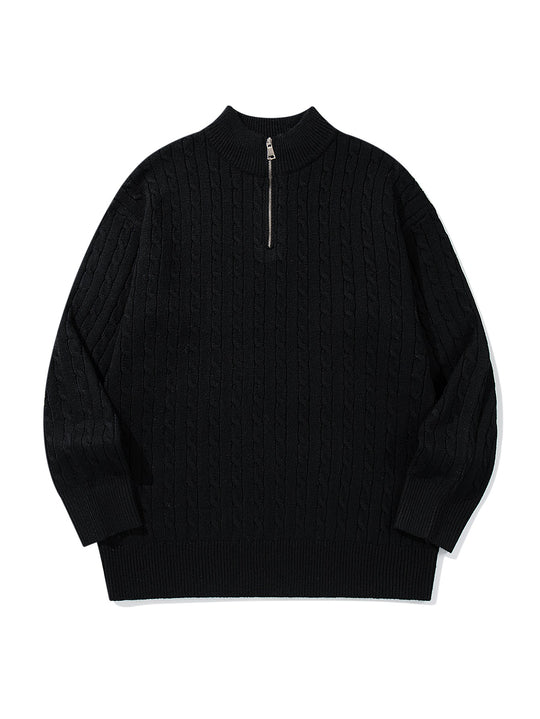 Unisex Zopfmuster-Halbzip-Strickpullover mit hohem Rippkragen und längerem Saum Shop Nory