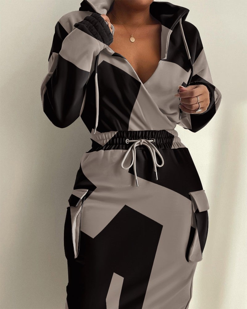 Damen Kapuzen Sweatkleid mit V-Ausschnitt, Kordelzug-Taille und Cargo-Taschen Shop Nory