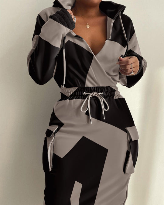 Damen Kapuzen Sweatkleid mit V-Ausschnitt, Kordelzug-Taille und Cargo-Taschen Shop Nory