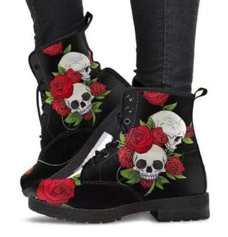 Damen Schnürstiefeletten mit kreativem Totenkopf-Design und robustem Profilsohle