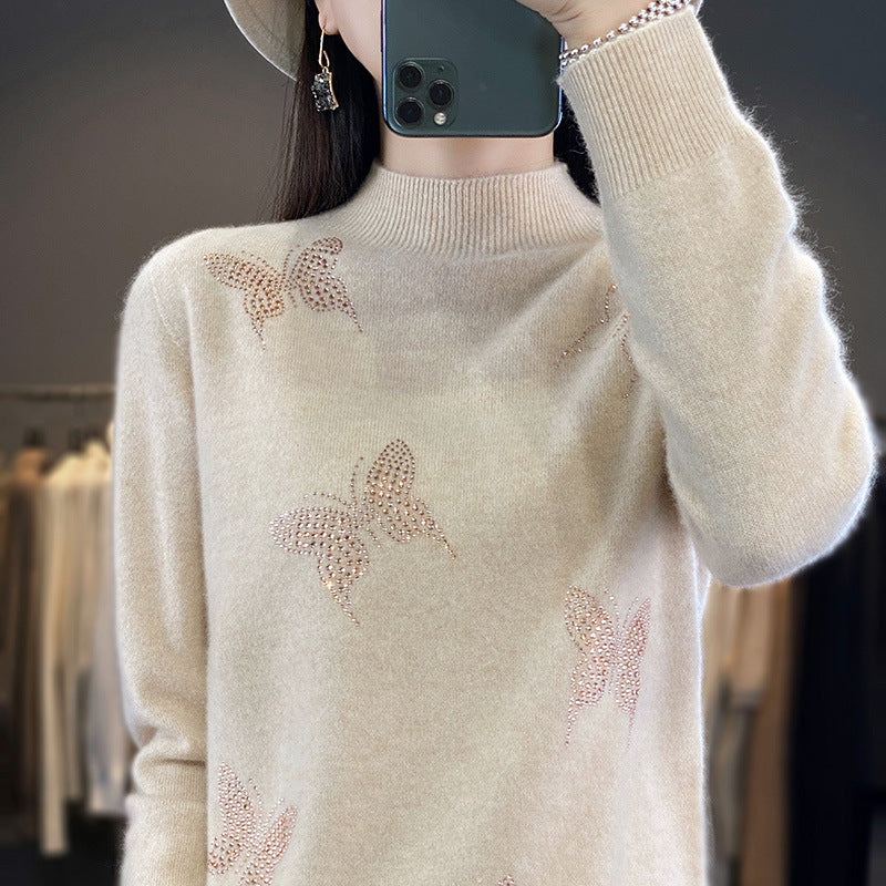 Damen Stehkragen-Feinstrickpullover mit Strass-Schmetterlingsapplikation Shop Nory
