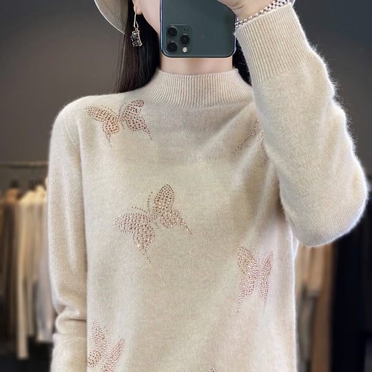 Damen Stehkragen-Feinstrickpullover mit Strass-Schmetterlingsapplikation Shop Nory