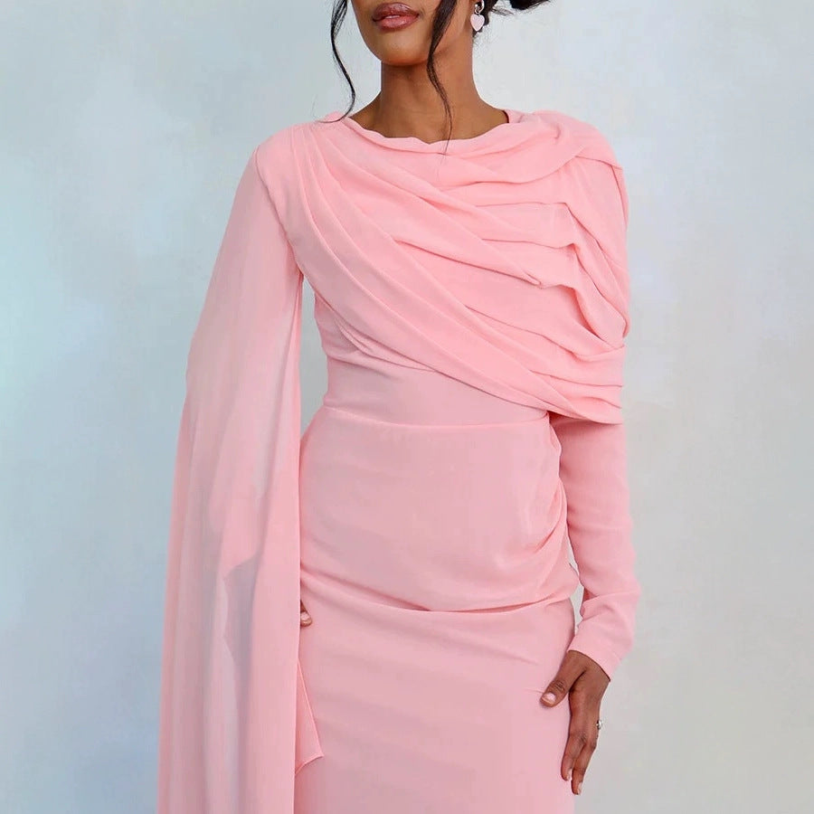 Damen Glamouröses Langarmkleid mit drapiertem Oberteil und fließendem Schnitt