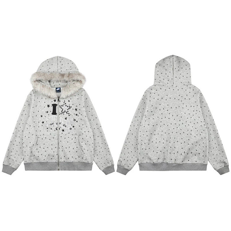 Damen Gepunktete Kapuzen-Sweatjacke mit Kunstfellbesatz, durchgehendem Reißverschluss und Kängurutaschen Shop Nory