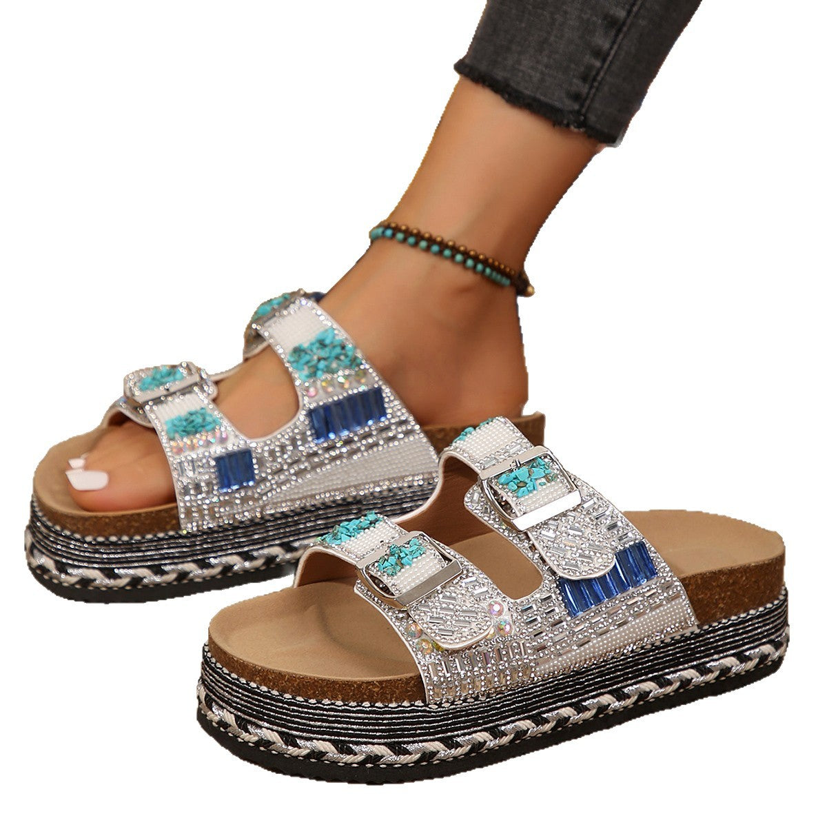Damen Dekorative Zehentrenner-Sandalen mit breiten Riemen und funkelnden Akzenten